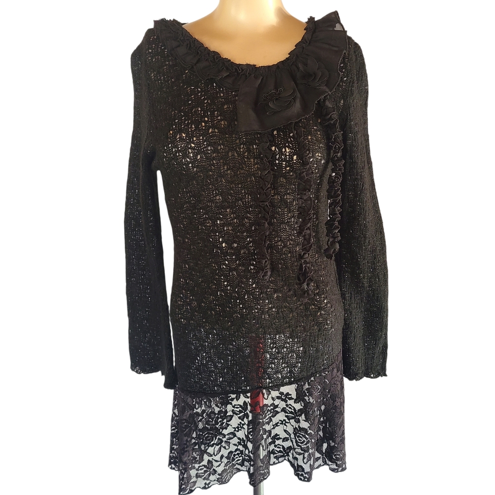 Adorn Whimsigoth Black Crochet Knit Tunic Top Small Lace Ruffle Floral Rosette